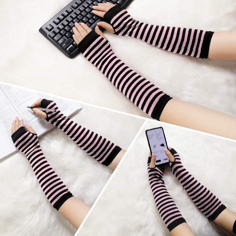 Bienvenu Punk Gothic Rock Long Arm Warmer Fingerless Gloves,Black Pink - Image 5